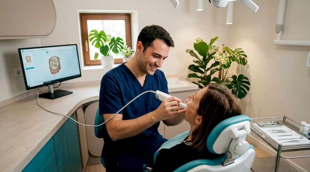 Il dentista effettua una scansione digitale della bocca del paziente con uno scanner intraorale.