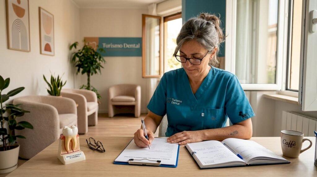 Il dentista sta preparando un preventivo per il trattamento seduto alla scrivania.