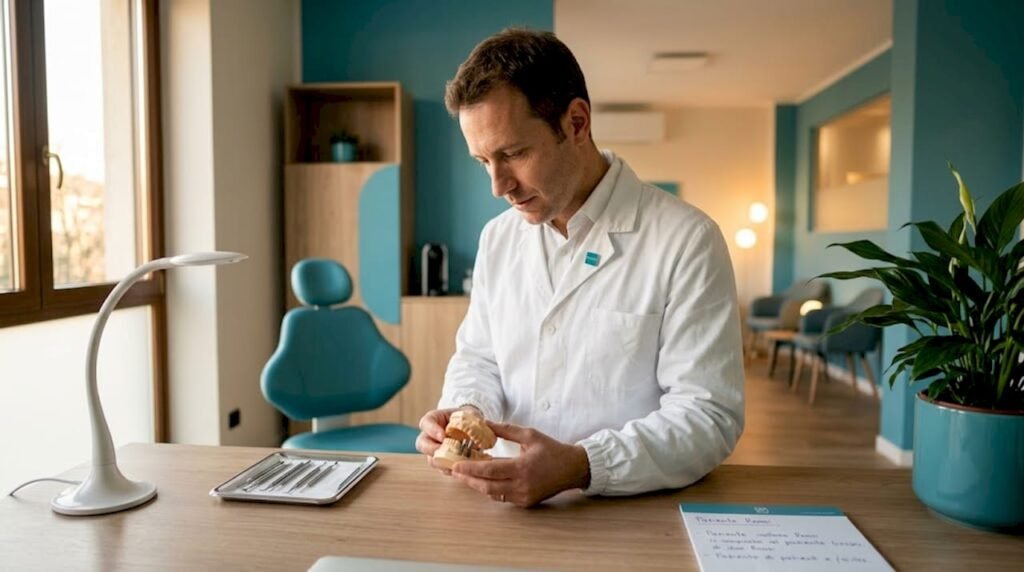 Il dentista sta esaminando un modello di impianto dentale.
