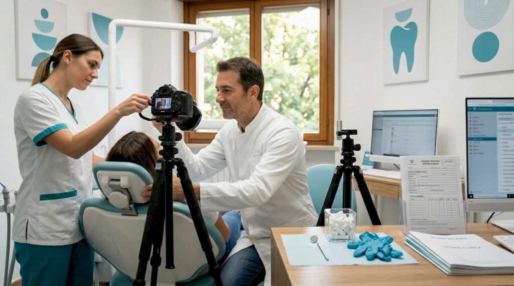 Il dentista si occupa di sistemare l’attrezzatura fotografica nel suo studio.