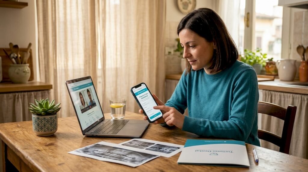 Seduta al tavolo della cucina, una donna fissa un appuntamento dal dentista direttamente online, comodamente dal suo laptop.