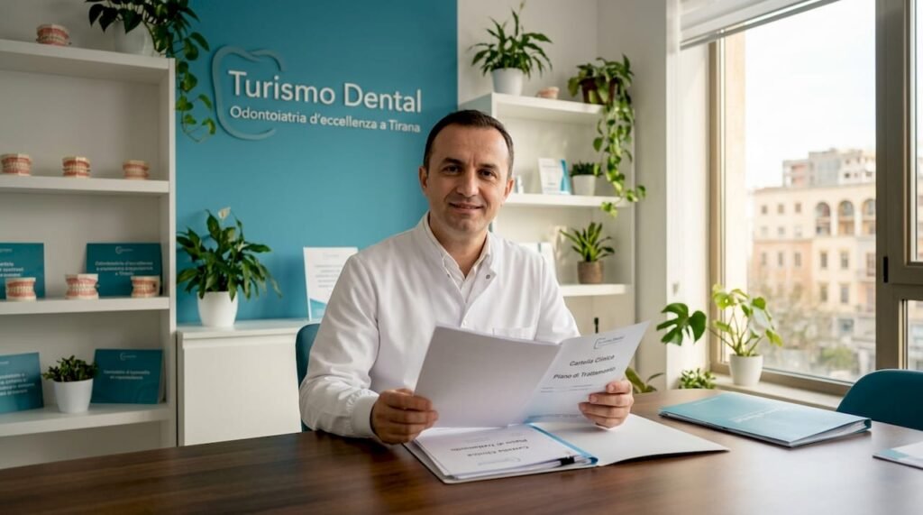 Un dentista sta controllando le cartelle cliniche dei pazienti in uno studio odontoiatrico in Albania.
