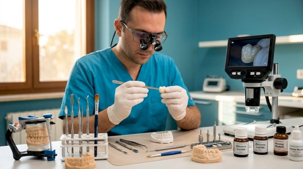 Un tecnico controlla attentamente una corona dentale in zirconia, verificando la qualità e la precisione della lavorazione.