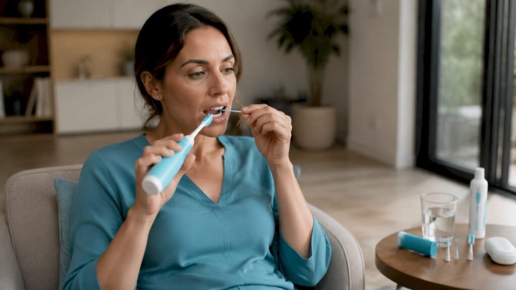 Una donna si dedica alla cura del suo impianto dentale direttamente a casa.