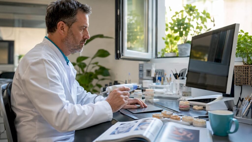 Un odontotecnico realizza protesi dentali avvalendosi della tecnologia CAD CAM.