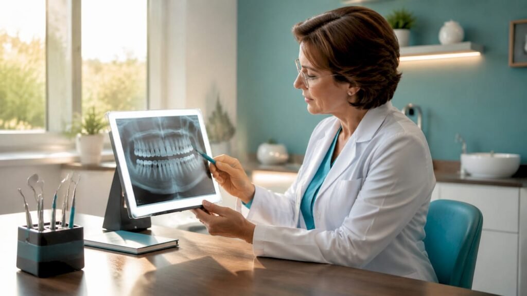 Dentista che analizza una lastra dentale