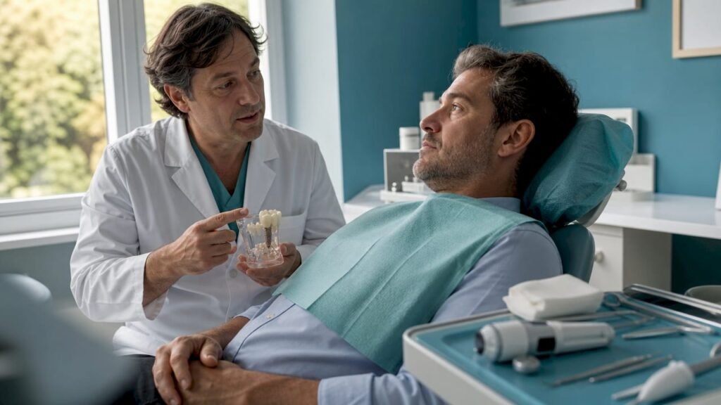 Il dentista illustra al paziente come funziona l’impianto dentale