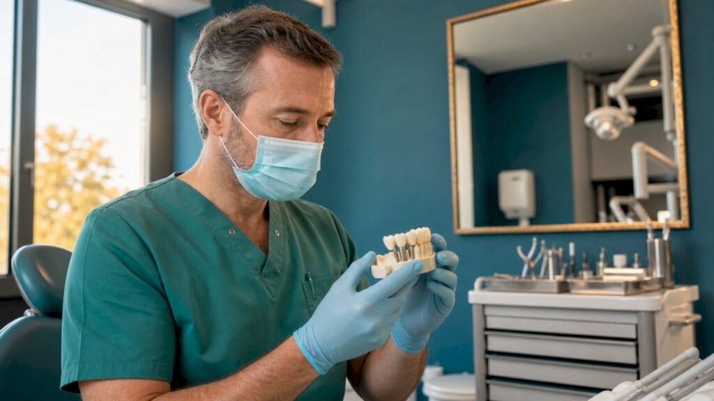 Il chirurgo odontoiatrico analizza un modello di impianto dentale durante una visita in studio.