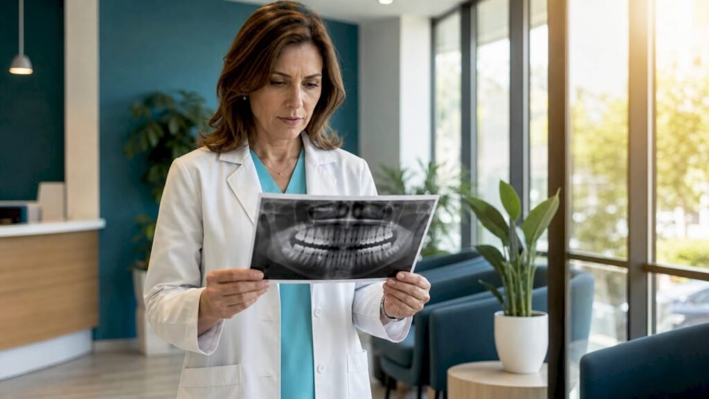 Il dentista analizza l’ortopanoramica per valutare lo stato dell’impianto dentale.