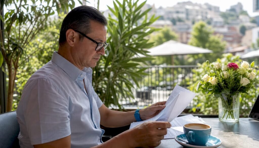 Paziente italiano che, comodamente a casa, sfoglia le brochure informative dello studio dentistico per valutare le diverse opzioni di trattamento.