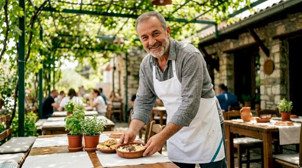 Lo chef prepara e dispone con cura le specialità tipiche della cucina albanese all’interno del locale.