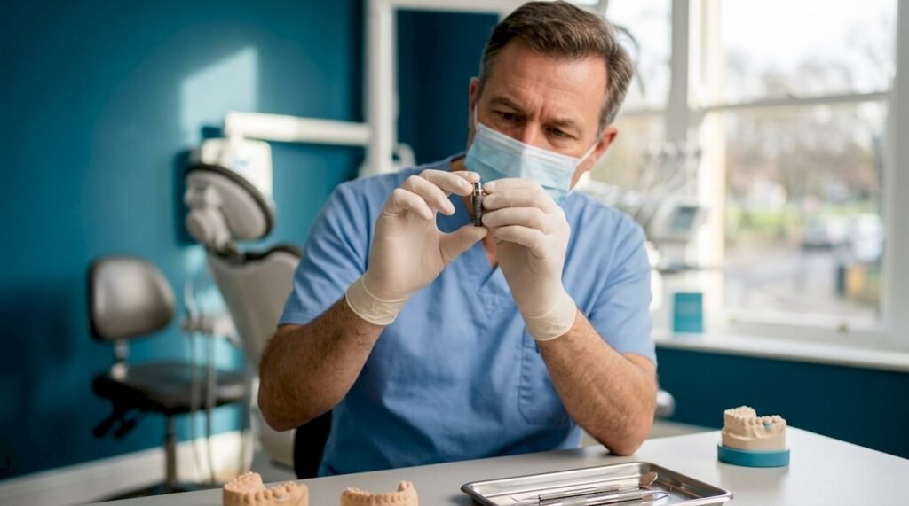 Il dentista controlla un impianto dentale in titanio durante una visita in studio.