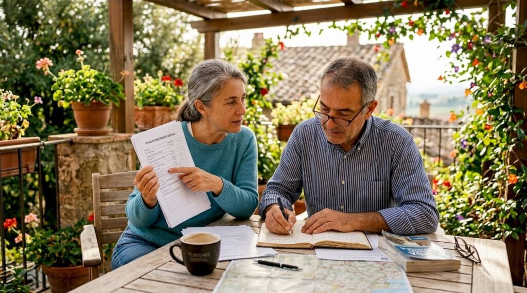 Coppia che prepara i documenti necessari per un viaggio dentistico