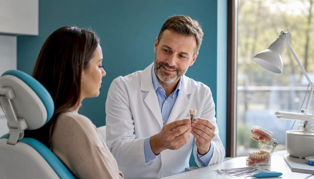 Il dentista illustra al paziente come verrà applicata la corona sull’impianto.