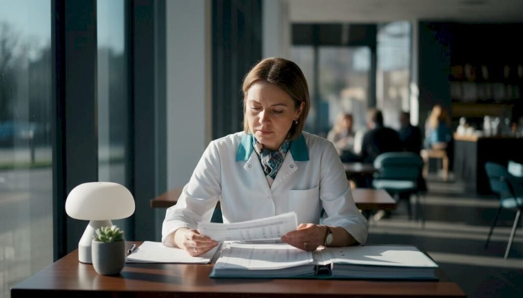 Il dentista sta esaminando le valutazioni odontoiatriche al banco della reception della clinica.