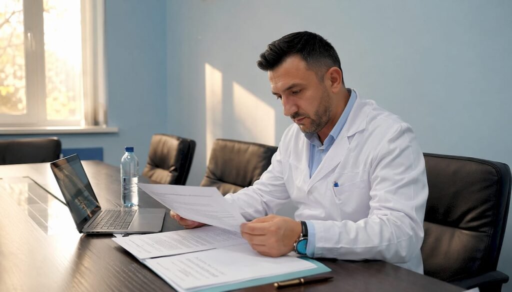 Un ispettore sanitario albanese effettua un controllo sulla documentazione igienico-sanitaria.