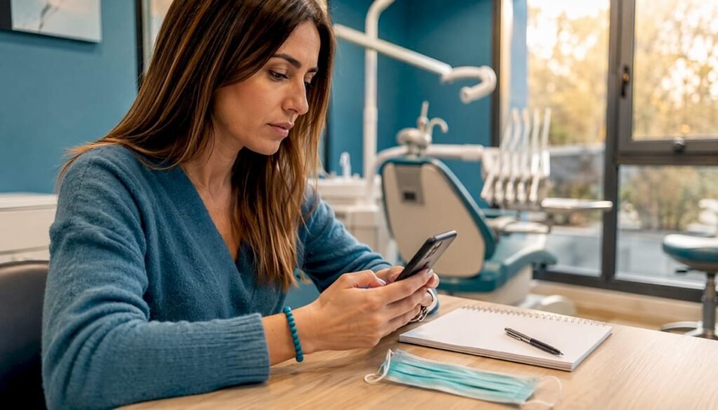 Donna italiana che consulta lo smartphone mentre aspetta in sala d'attesa di una clinica