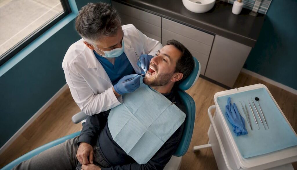 Il dentista controlla attentamente la bocca del paziente durante la visita.
