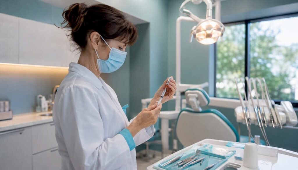 Il dentista sta preparando la siringa per l’anestesia locale, pronto a garantire il massimo comfort durante il trattamento.