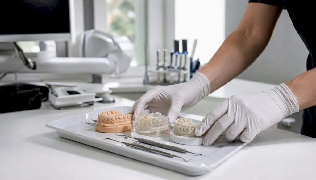 Un professionista odontoiatrico che sistema con cura le impronte dentali e gli strumenti necessari per il lavoro.