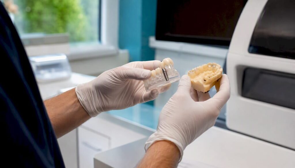 Il dentista mostra un modello di impianto dentale direttamente in studio, illustrando ai pazienti come funziona.