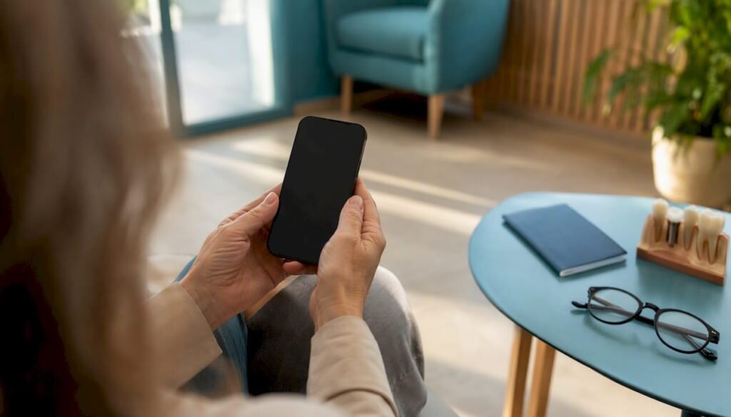 Mani che tengono uno smartphone con immagini e strumenti per la pianificazione dentale
