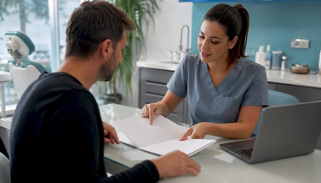 Addetta all’accoglienza e consulenza dei pazienti presso la reception dello studio dentistico