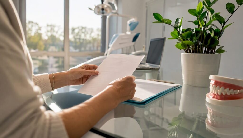 Paziente che mostra il documento della garanzia dentale appena firmato