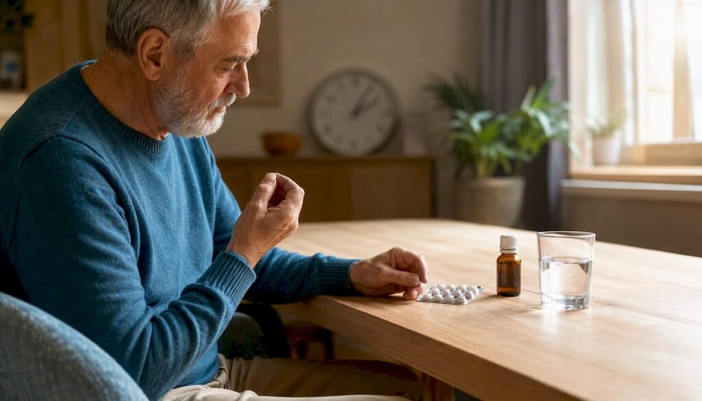 Mani che tengono delle pastiglie antidolorifiche poggiate su un tavolo di casa