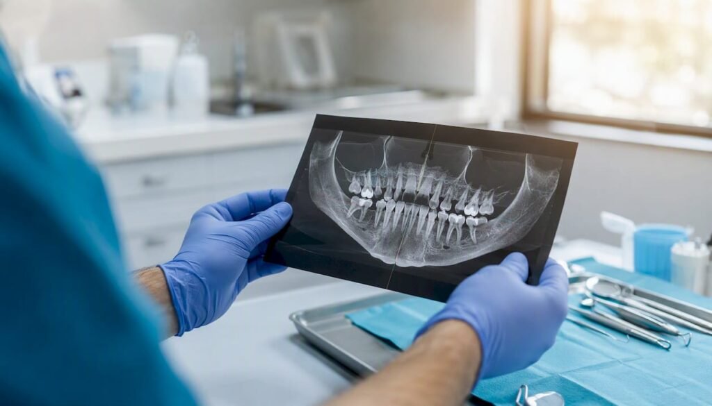 Il dentista esamina l’osso mascellare attraverso una scansione CBCT per valutare eventuali anomalie o pianificare interventi odontoiatrici.