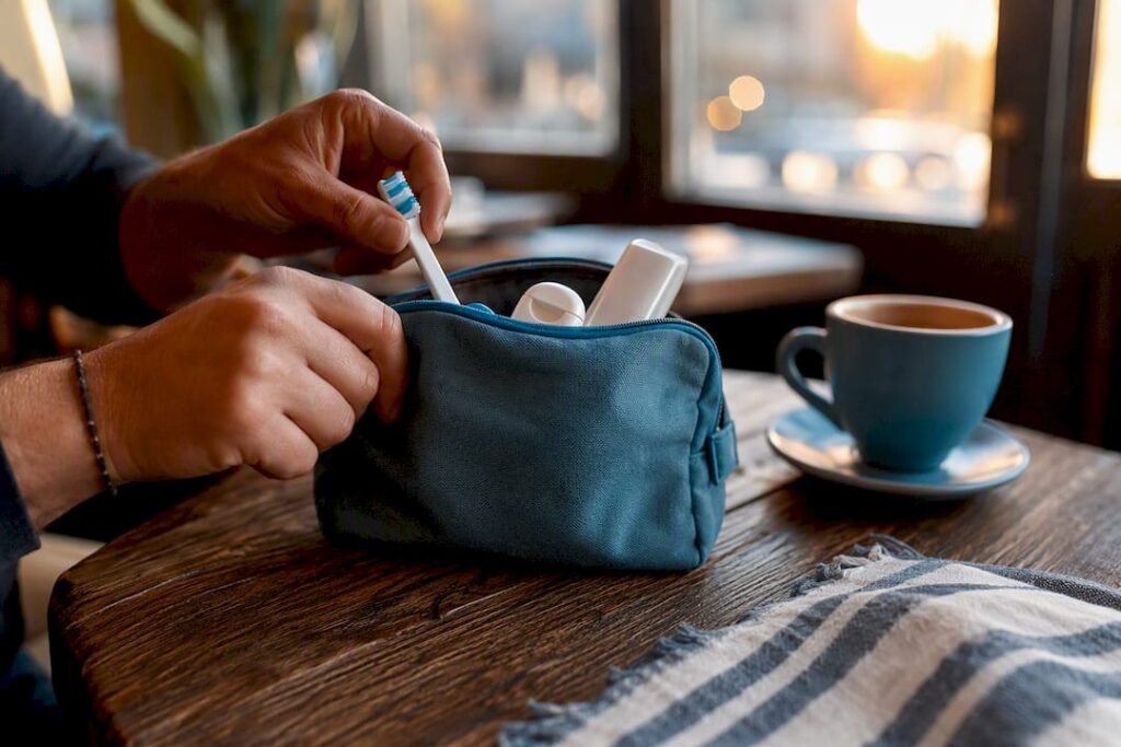 Mani che sistemano un kit da viaggio per l'igiene orale