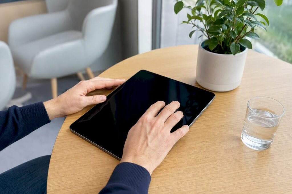 Mani che navigano su un tablet con cartella clinica digitale