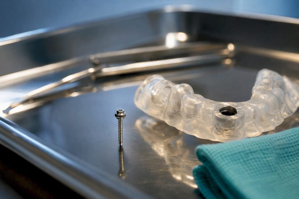 Mini vite e guida chirurgica su un vassoio sterile