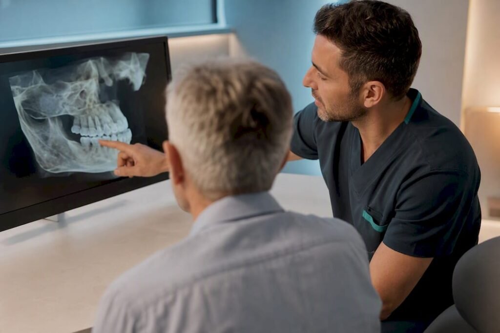 Il dentista esamina una CBCT insieme al paziente